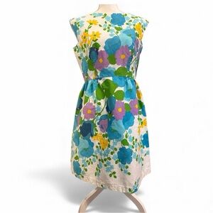 Vintage 60s 70s Hawaiian Floral Dress Barkcloth Mod A Line Fit & Flare S/M Retro